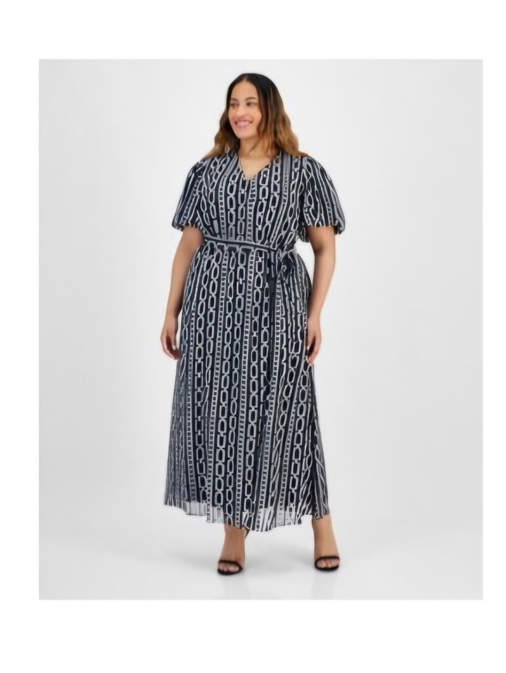 Black & White Chain-Print V-Neck Women's Dress